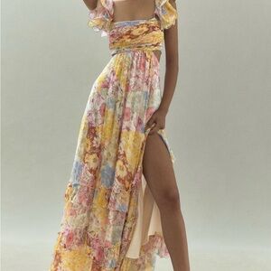 BHLDN Alivia Chiffon Cutout Printed Midi Maxi Dress Ruffle Sleeves Medium NWT